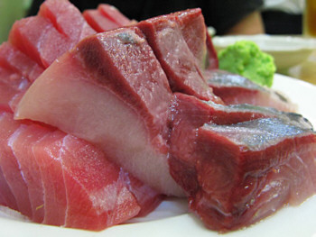 Sashimi de atún tradicional, maguro picante y toro